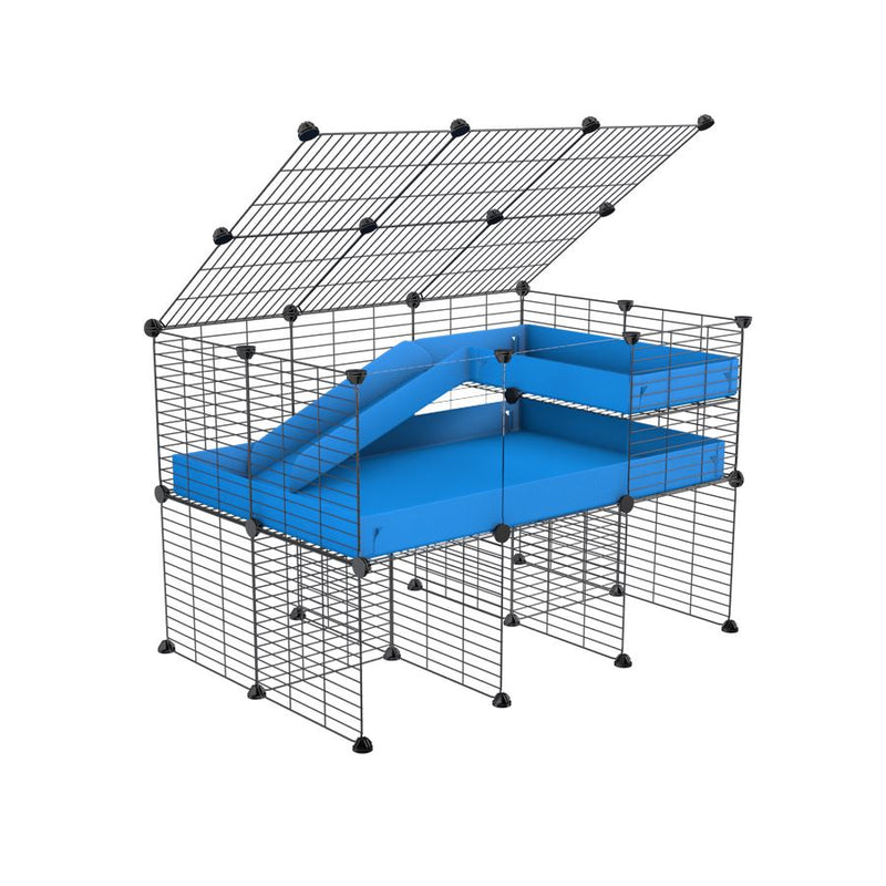 A 2x3 C and C guinea pig cage with clear transparent plexiglass acrylic panels  with stand loft ramp lid small size meshing safe grids blue correx sold in UK
