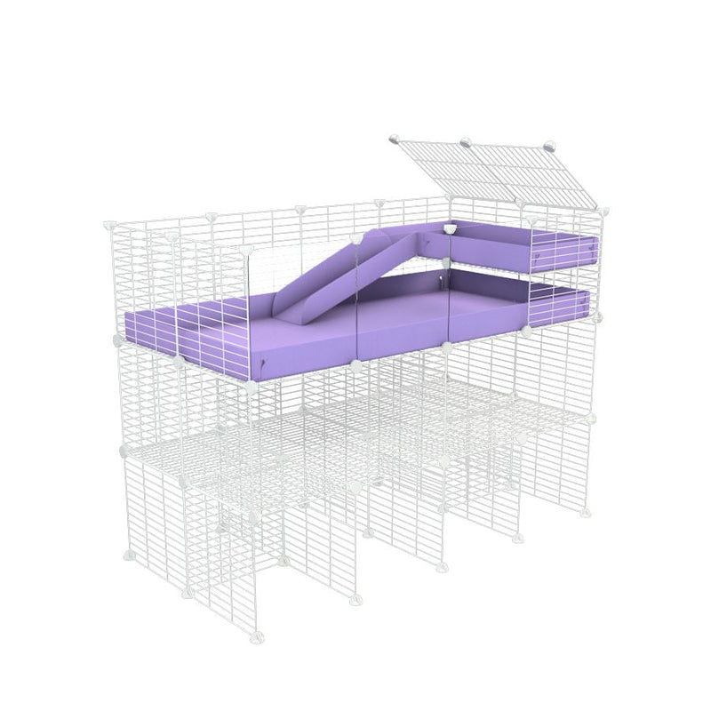 A 4x2 kavee purple CC guinea pig cage with clear transparent plexiglass acrylic panels  with three levels a loft a ramp made of small size hole safe white CC grids