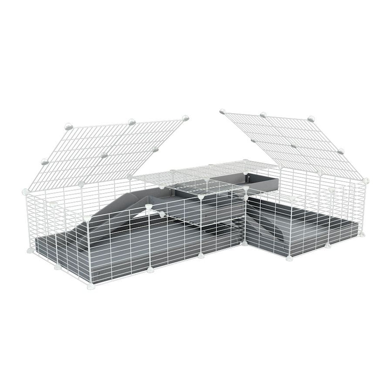 A 6x2 L-shape white C&C cage with lid divider loft ramp for guinea pig fighting or quarantine with grey coroplast from brand kavee