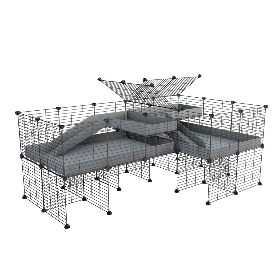 A 6x2 L-shape C&C cage with divider and stand loft ramp for guinea pig fighting or quarantine with grey coroplast from brand kavee