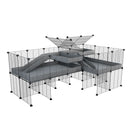 A 6x2 L-shape C&C cage with divider and stand loft ramp for guinea pig fighting or quarantine with grey coroplast from brand kavee