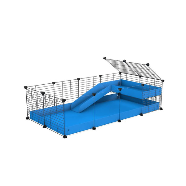 a 4x2 C&C guinea pig cage with clear transparent plexiglass acrylic panels  with a loft and a ramp blue coroplast sheet and baby bars by kavee