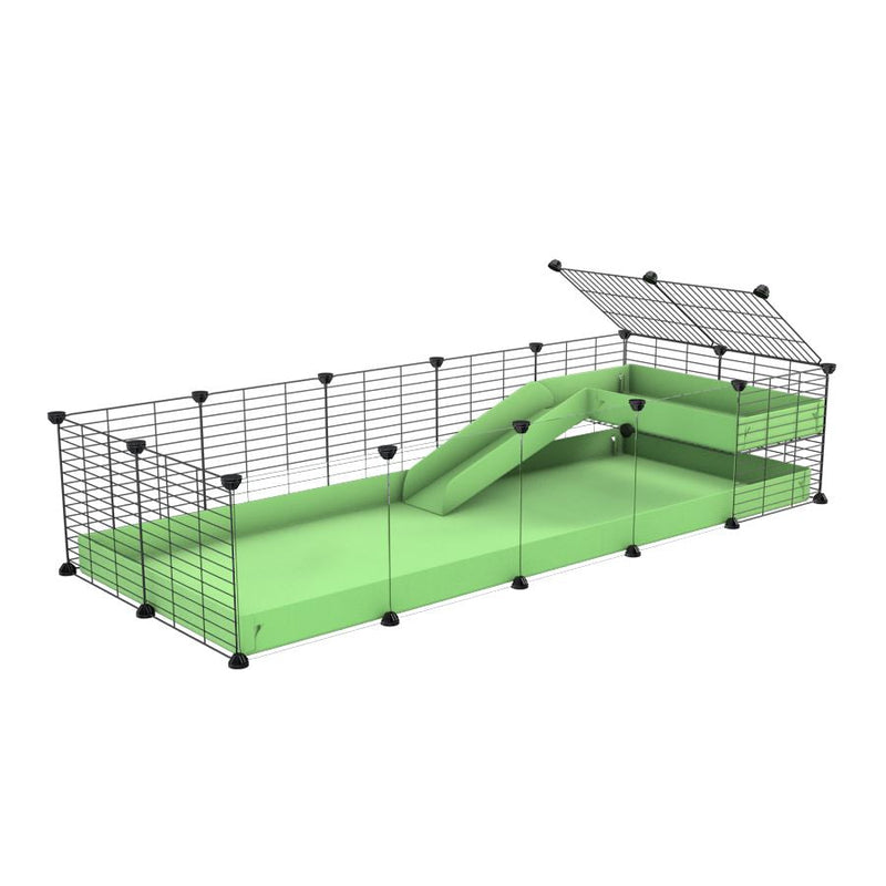 a 5x2 C&C guinea pig cage with clear transparent plexiglass acrylic panels  with a loft and a ramp green pastel pistachio coroplast sheet and baby bars by kavee