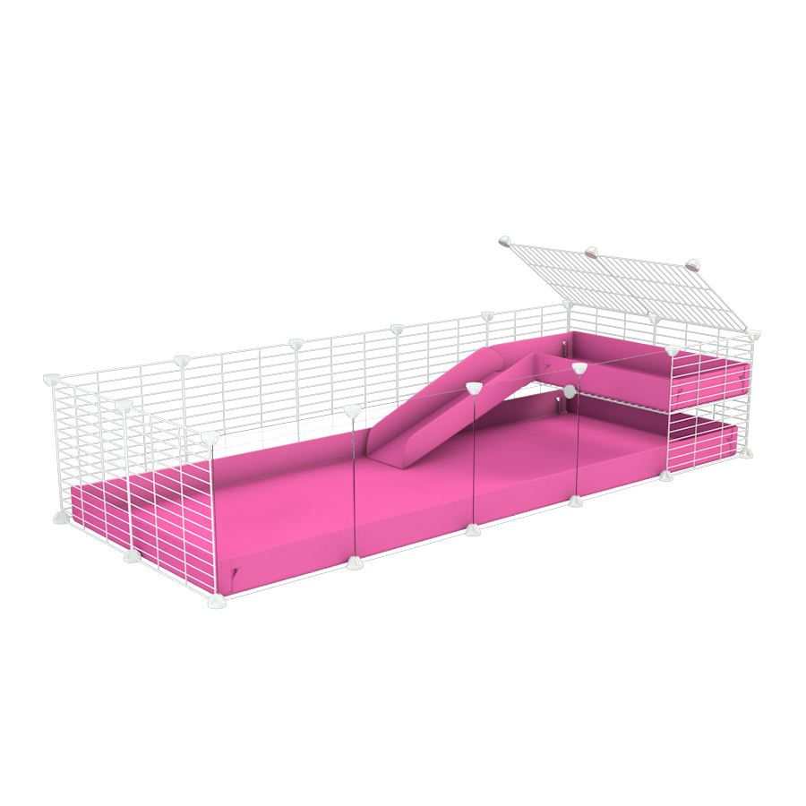 a 5x2 C&C guinea pig cage with clear transparent plexiglass acrylic panels  with a loft and a ramp pink coroplast sheet and baby bars by kavee