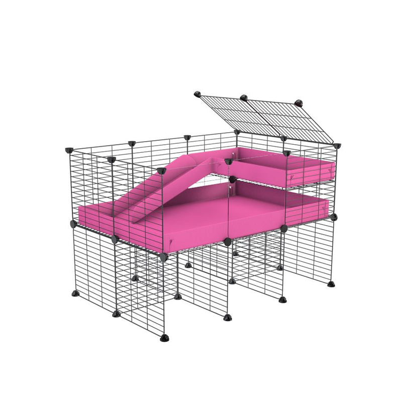 a 3x2 CC guinea pig cage with clear transparent plexiglass acrylic panels  with stand loft ramp small mesh grids pink corroplast by brand kavee