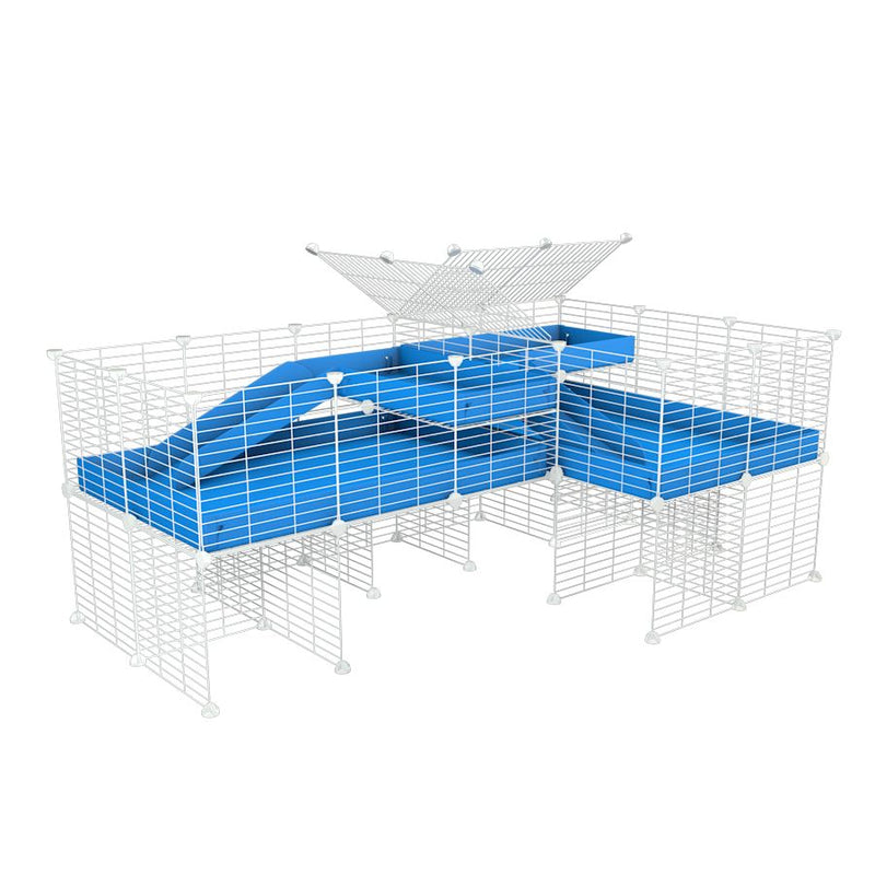A 6x2 L-shape white C&C cage with divider and stand loft ramp for guinea pig fighting or quarantine with blue coroplast from brand kavee
