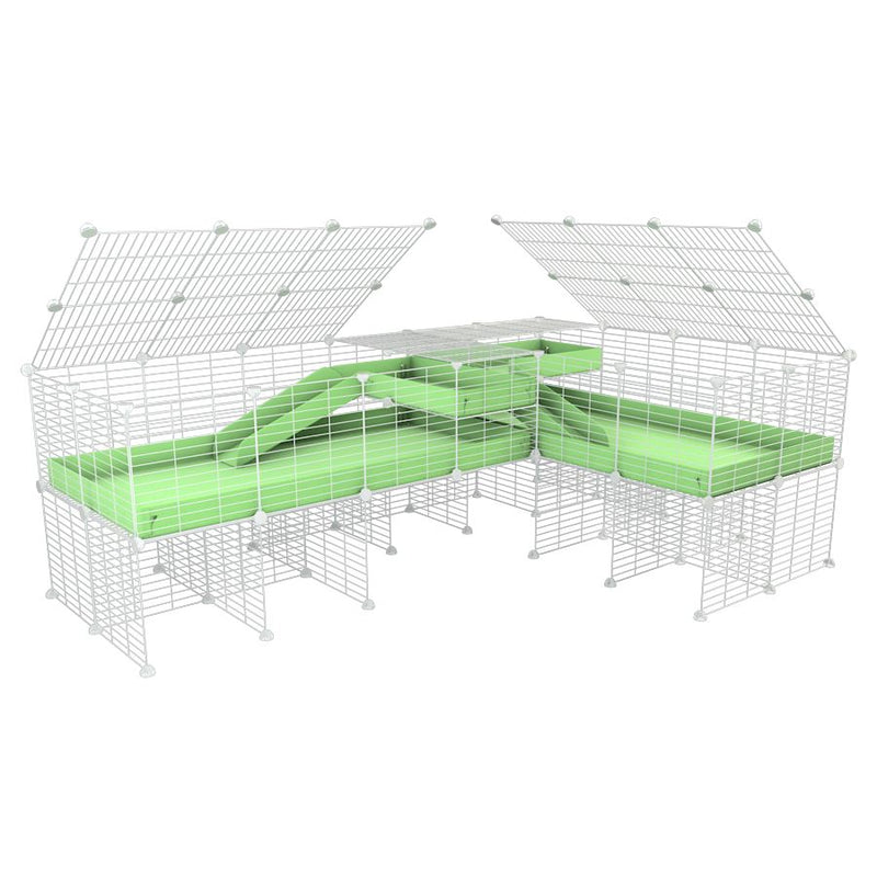 A 8x2 L-shape white C&C cage with lid divider stand loft ramp for guinea pig fighting or quarantine with green coroplast from brand kavee
